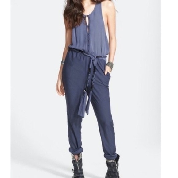 Free People Pants - Free People Angelica Slouch Button Racerback Slate Blue Jumpsuit Size M